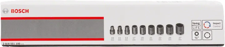 Bosch 9-piece socket set 10–27 mm.
