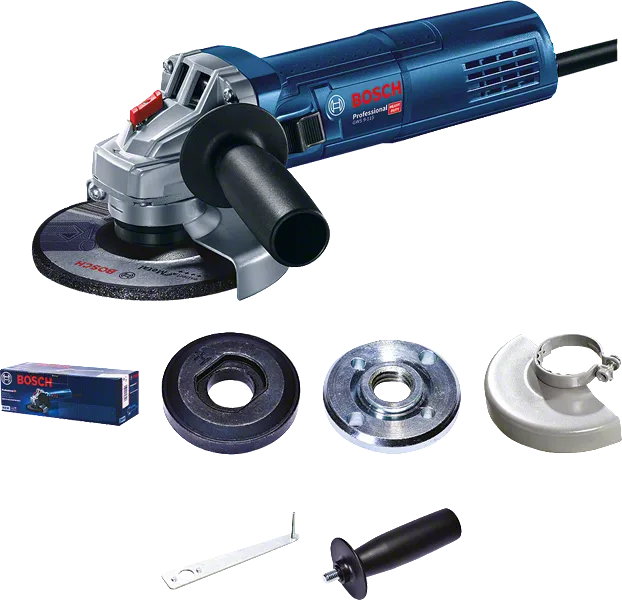 Bosch GWS9-115 angle grinder with accessories.