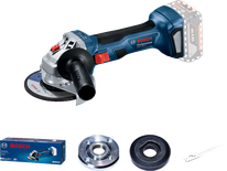 Bosch GWS 180-LI cordless angle grinder with accessories.