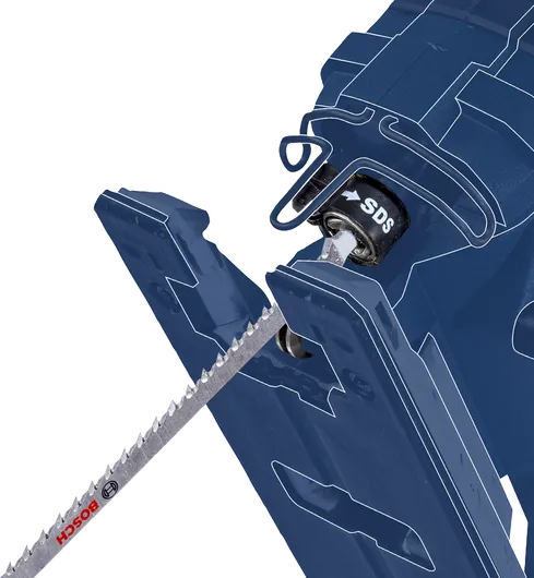 Close-up of a jigsaw tool showing blade installation with SDS quick-change system.