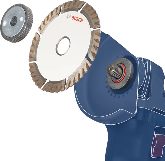Angle grinder with detached diamond cutting disc and locking nut assembly.