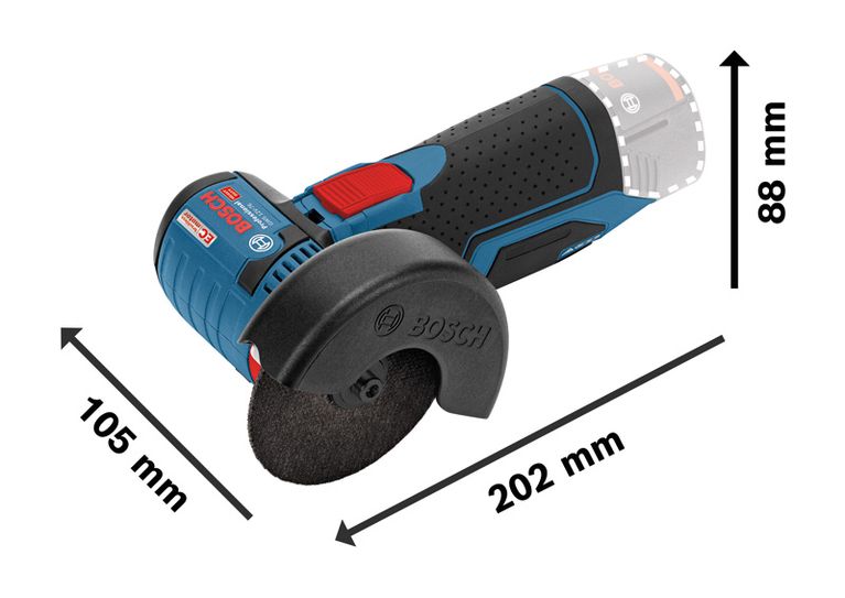 Bosch GWS 12V-76 compact cordless angle grinder, 202 mm length.
