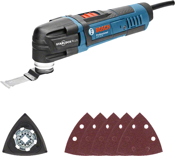 Bosch GOP 30-28 multi-tool with Starlock Plus blade and sanding pads.