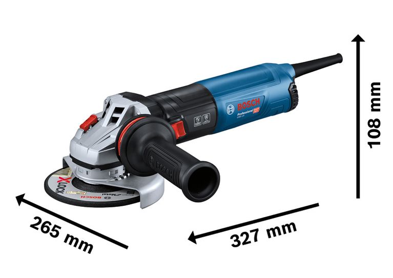 Bosch GWS 14 angle grinder with dimensions shown.
