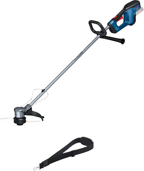 Bosch GRT 18V-33 cordless grass trimmer with strap.