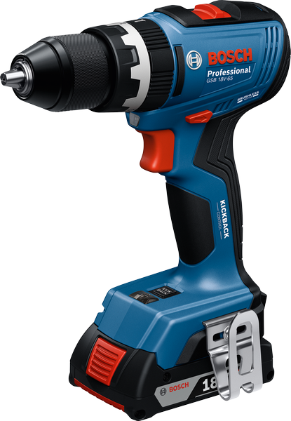 Bosch GSB 18V-65 cordless drill with 2Ah battery.