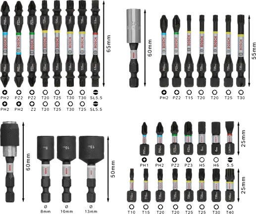 Bosch PRO Impact Screwdriver Bit Set 35 pcs, color-coded.