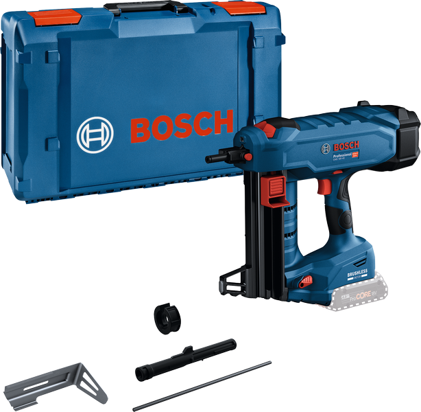 Bosch cordless nailer GNB 18V-40 with case and accessories.