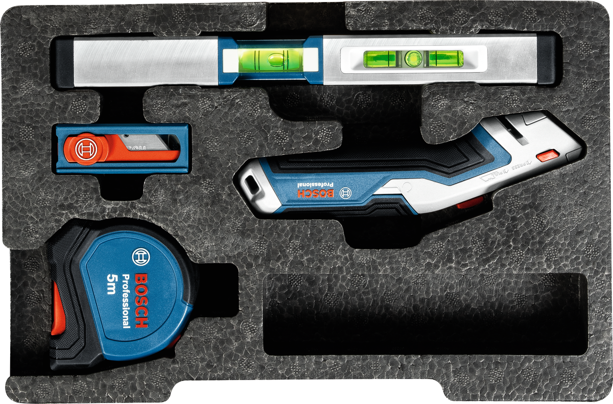 Bosch Hand Tool Mixed Set 13 pcs with level, cutter, and tape.
