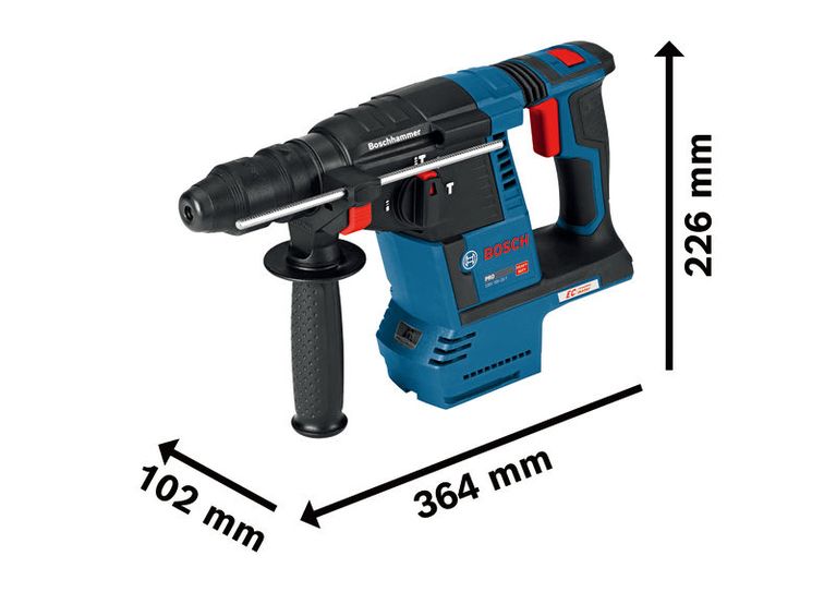 Bosch GBH 18V-26 F cordless rotary hammer with dimensions.