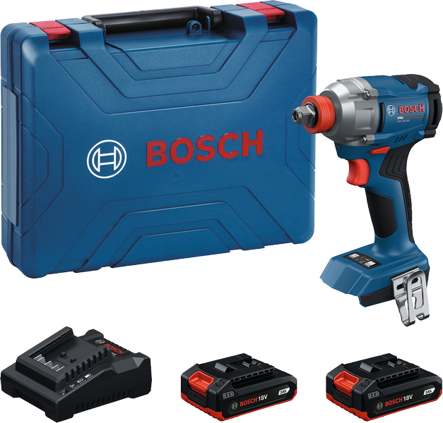 Bosch GDX 18V-285 impact driver kit with case and batteries.
