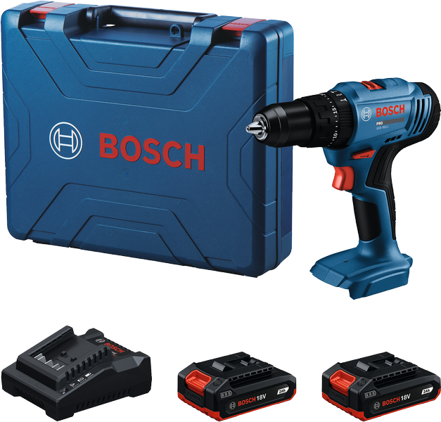 Bosch GSB 18V-45 cordless drill set with batteries and charger.