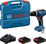 Bosch GSB 18V-65 cordless drill set with batteries.