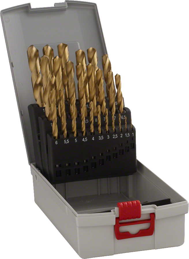 Bosch 25-piece ProBox HSS-TiN metal drill bit set.