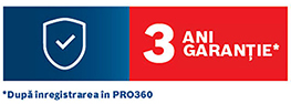 Logo cu un scut albastru și text alb, mesaj despre 3 ani garanție pe fundal roșu.