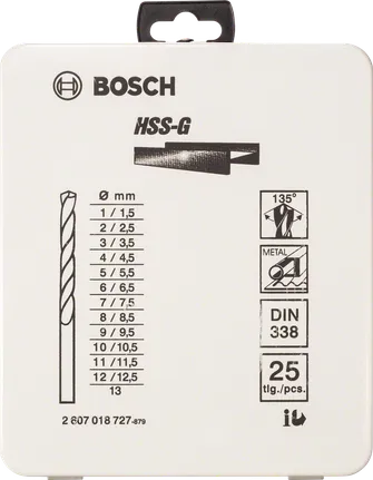 Set de burghie pentru metal Bosch HSS-G, cu 25 de piese, în cutie metalică.