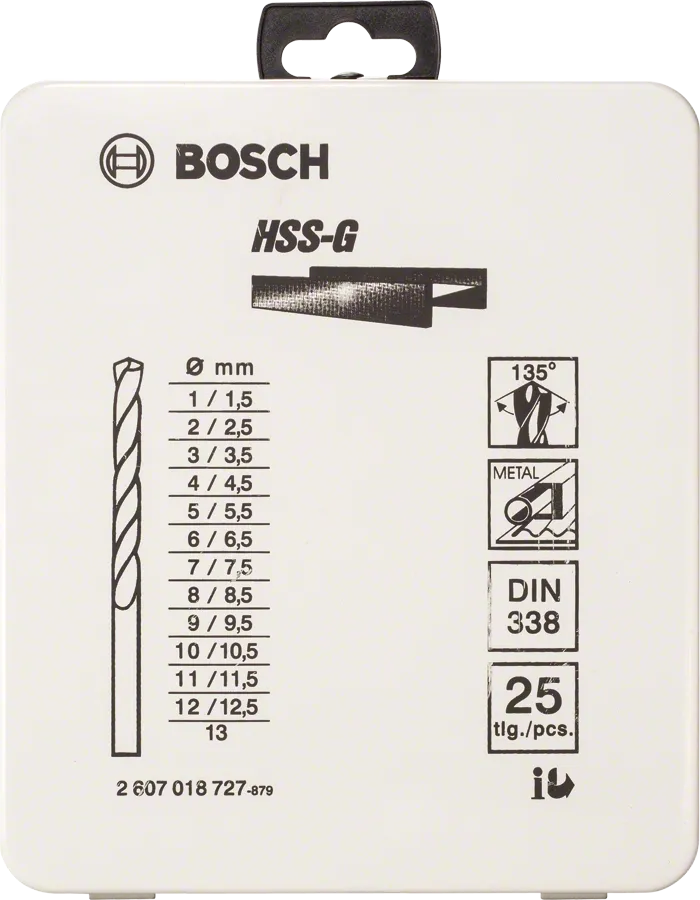 Set de burghie pentru metal Bosch HSS-G, cu 25 de piese, în cutie metalică.