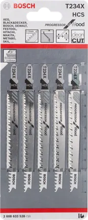 Pachet de lame pentru fierăstrău vertical Bosch T 234 X pentru tăieri curate din lemn.