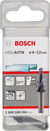 Burghiu în trepte Bosch HSS-AlTiN 4-12 mm pentru oțel inoxidabil.