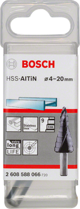 Burghiu în trepte Bosch HSS-AlTiN 4-20 mm pentru oțel inoxidabil.