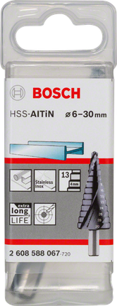 Burghiu în trepte Bosch HSS-AlTiN 6-30 mm pentru oțel inoxidabil.