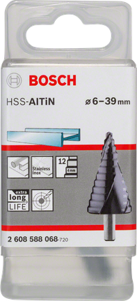 Burghiu în trepte Bosch HSS-AlTiN 6-39 mm pentru oțel inoxidabil.