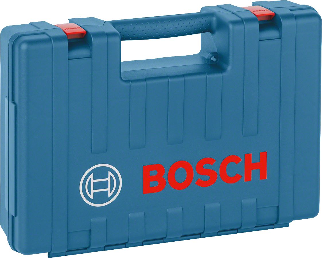 Trusă de scule din plastic Bosch cu mâner și încuietori roșii.