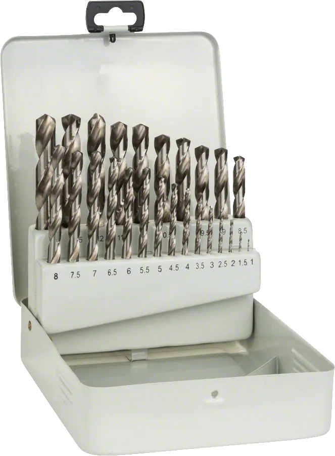 Set de burghie pentru metal Bosch HSS-G, cu 25 de piese, în cutie metalică.