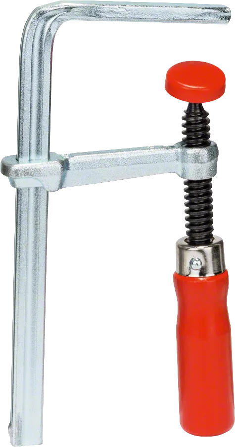 Clemă Bosch în formă de G cu mâner ergonomic roșu.