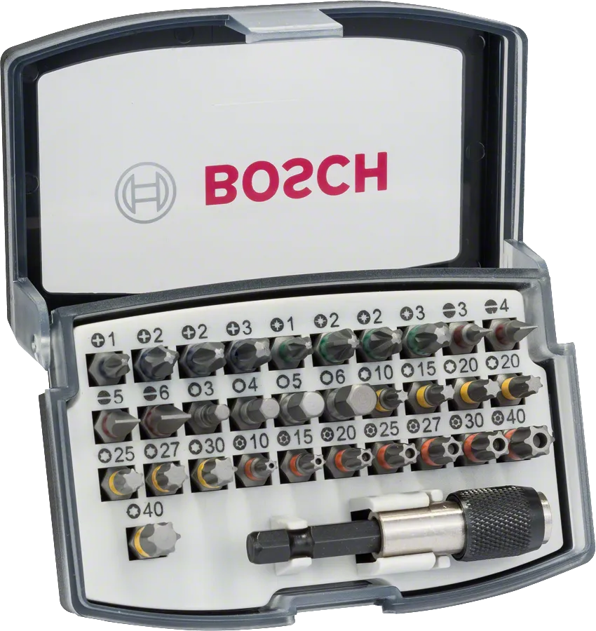 Set de biți de șurubelniță Bosch cu 32 de piese, cu suport universal cu schimbare rapidă.