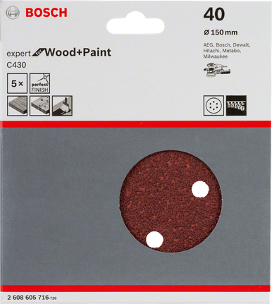 Foi abrazive Bosch C430, pachet de 5 bucăți, diametru 150 mm, granulație 40.