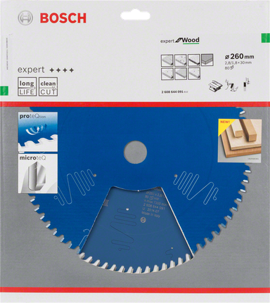 Lamă de ferăstrău circular Bosch Expert for Wood, 260 mm, tăiere curată.