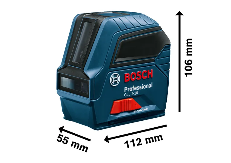 Instrument de nivelare cu laser Bosch GLL 2-10 cu dimensiunile afișate.