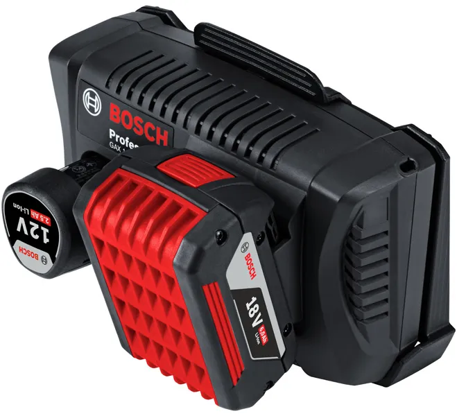 Încărcător Bosch GAX 18V-30 cu sloturi pentru baterii de 12V și 18V.