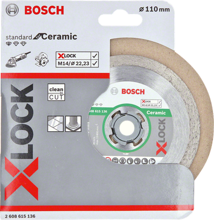Disc de tăiere ceramic Bosch X-LOCK pentru tăieri curate ale plăcilor ceramice.