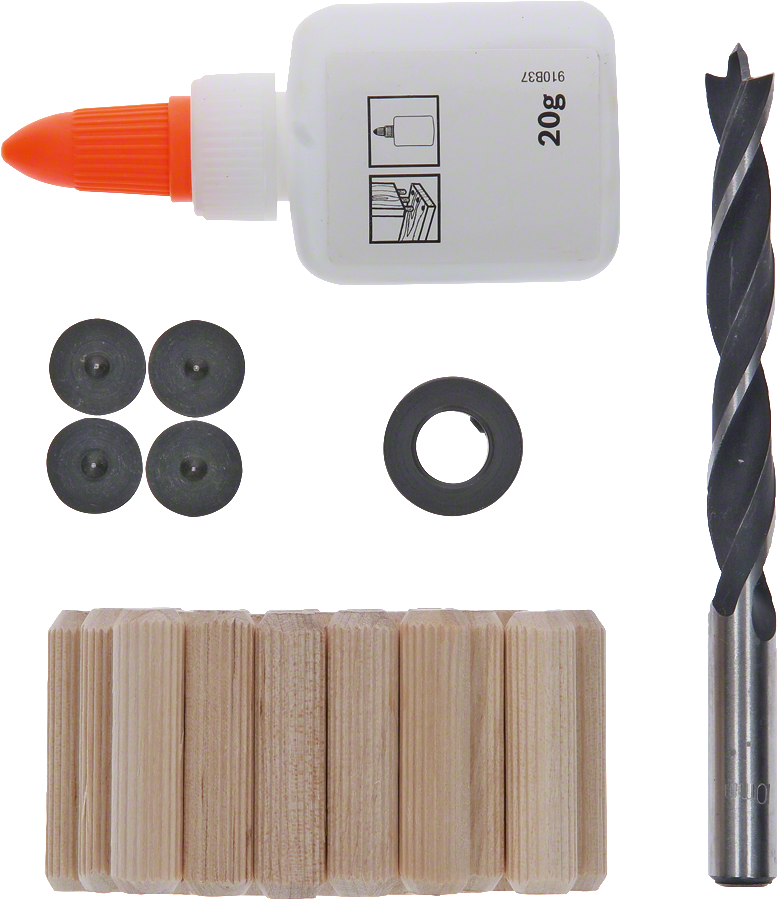 Set dibluri din lemn Bosch , 27 piese, 10 mm, cu burghiu și lipici.