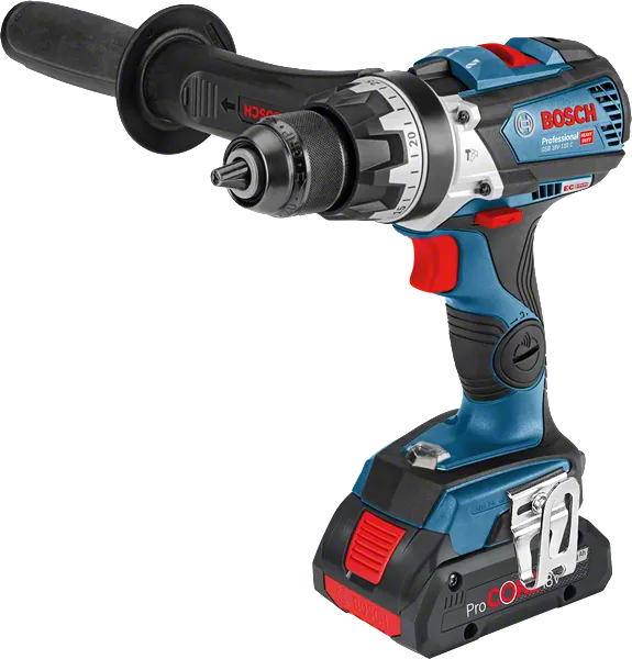 Mașină de găurit combinată fără fir Bosch GSB 18V-110 C cu mâner lateral.