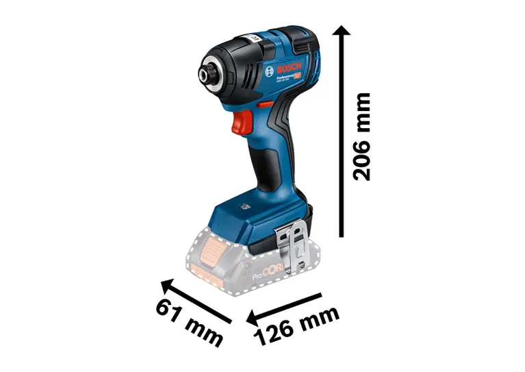Șurubelniță cu impact Bosch GDR 18V-200 cu dimensiunile afișate.