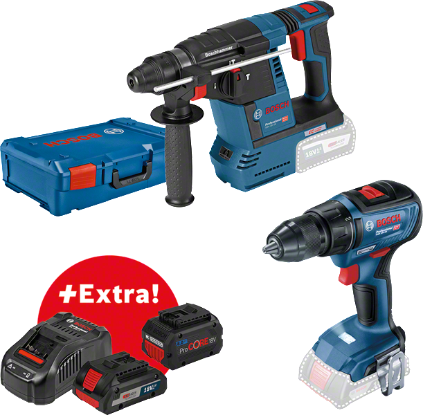Kit combinat Bosch GBH 18V-26 și GSR 18V-50 cu baterii și încărcător.