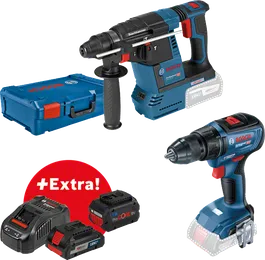 Kit combinat Bosch GBH 18V-26 și GSR 18V-50 cu baterii și încărcător.