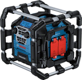 Radio Bosch GPB 18V-5 SC cu subwoofer și prize de alimentare.