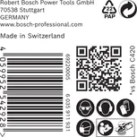 Etichetă cu hârtie abrazivă Bosch C420, cu pictograme de siguranță și cod de bare.