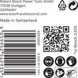 Etichetă de siguranță și de produs Bosch C420 cu cod de bare.