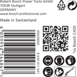 Etichetă cu hârtie abrazivă Bosch C470, cu pictograme de siguranță și cod de bare.