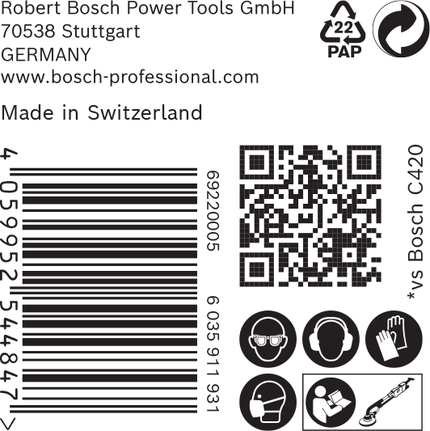 Etichetă cu hârtie abrazivă Bosch C470, cu pictograme de siguranță și cod de bare.