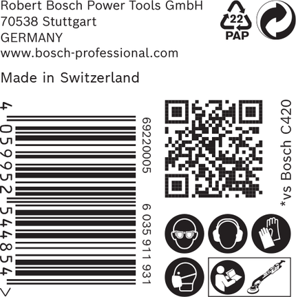 Etichetă cu pictograme de siguranță pentru șmirghel Bosch EXPERT C470.