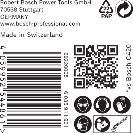 Etichetă cu pictograme de siguranță pentru șmirghel Bosch EXPERT C470.