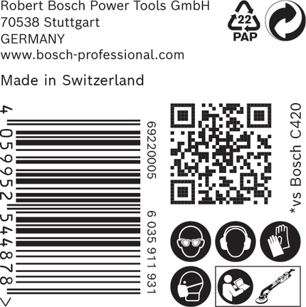 Etichetă de siguranță și etichetă de produs pentru șmirghelul Bosch C420.