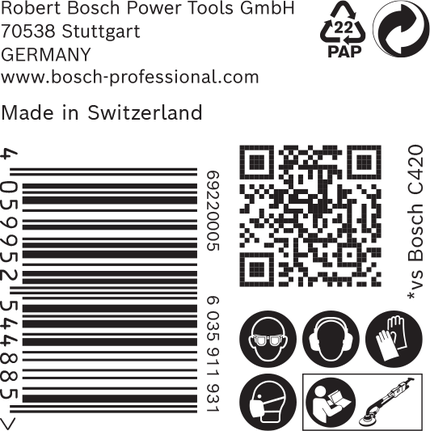 Etichetă Bosch pentru șmirghel EXPERT C470 cu pictograme de siguranță.