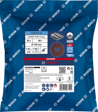 Disc de șlefuit cu fibră Bosch EXPERT R781 Prisma Ceramic X-LOCK 125 mm.